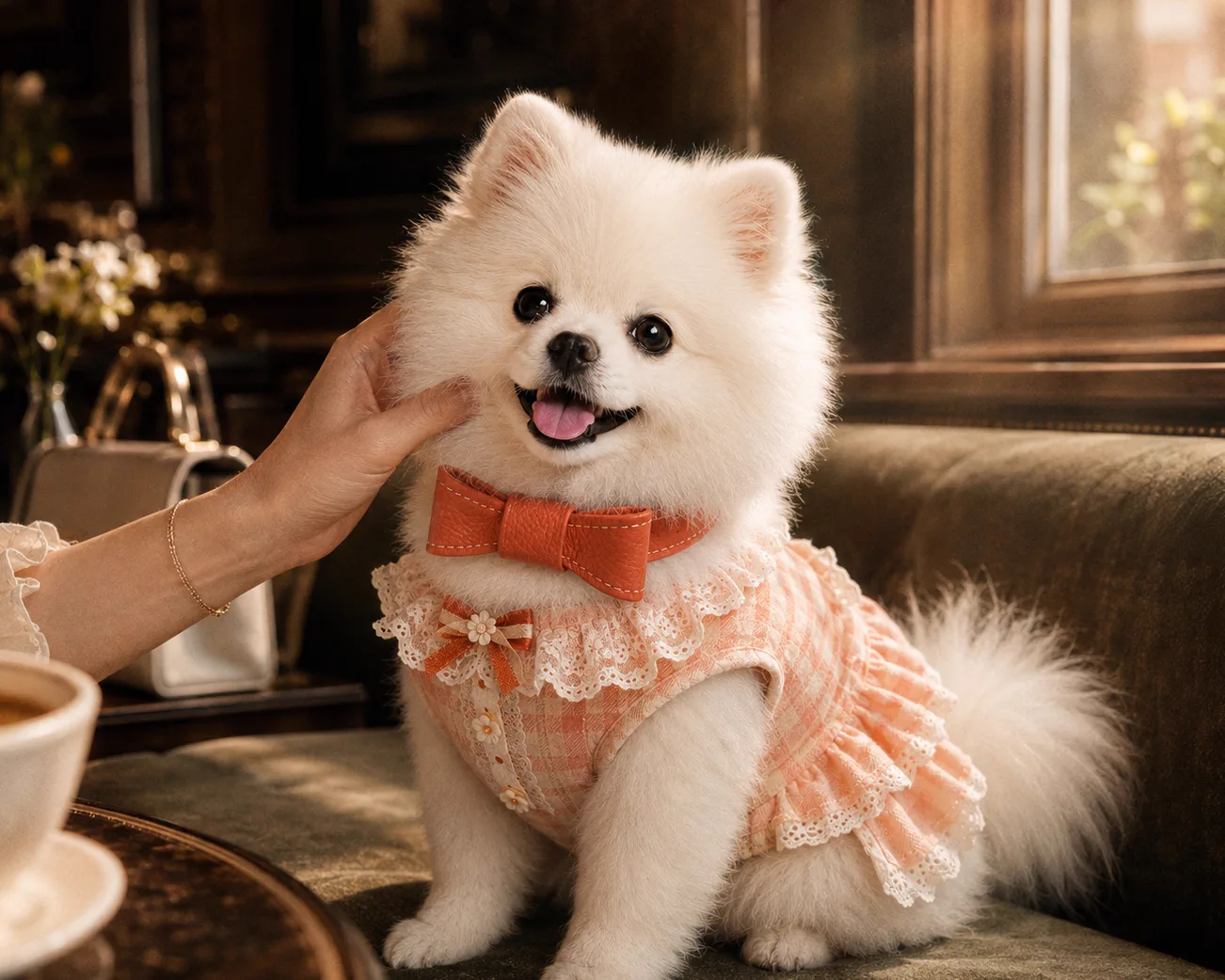 A pomeranian in a leather bow on a cafe banquette
