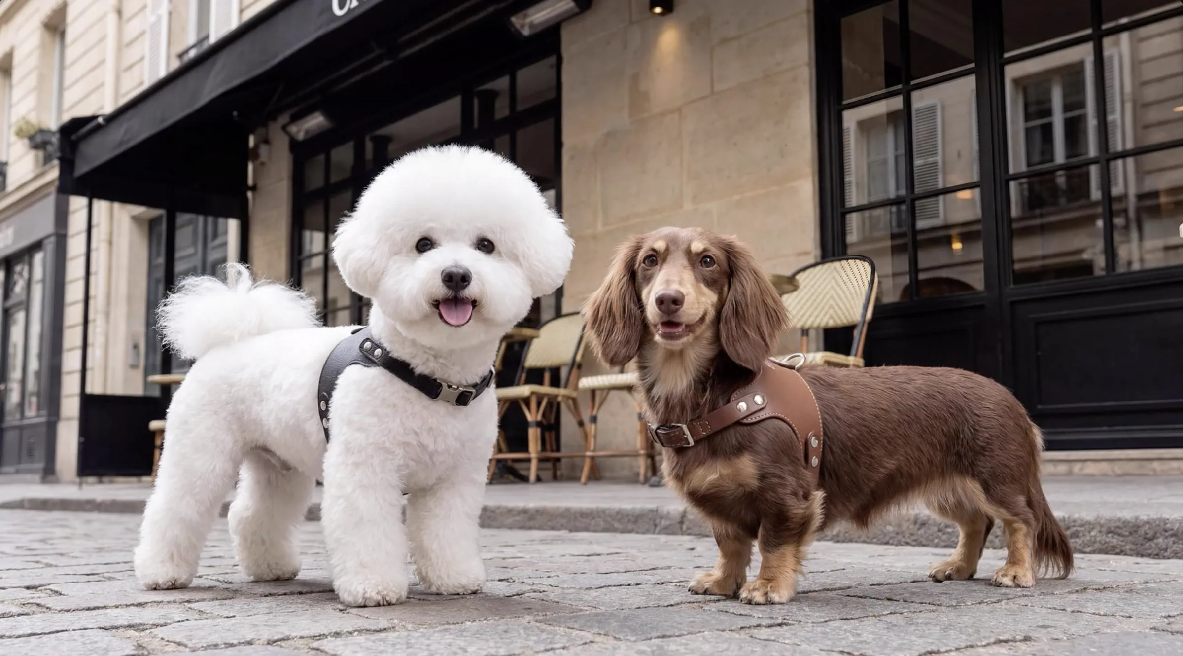A bichon frisé and a dachshund outside a Paris café