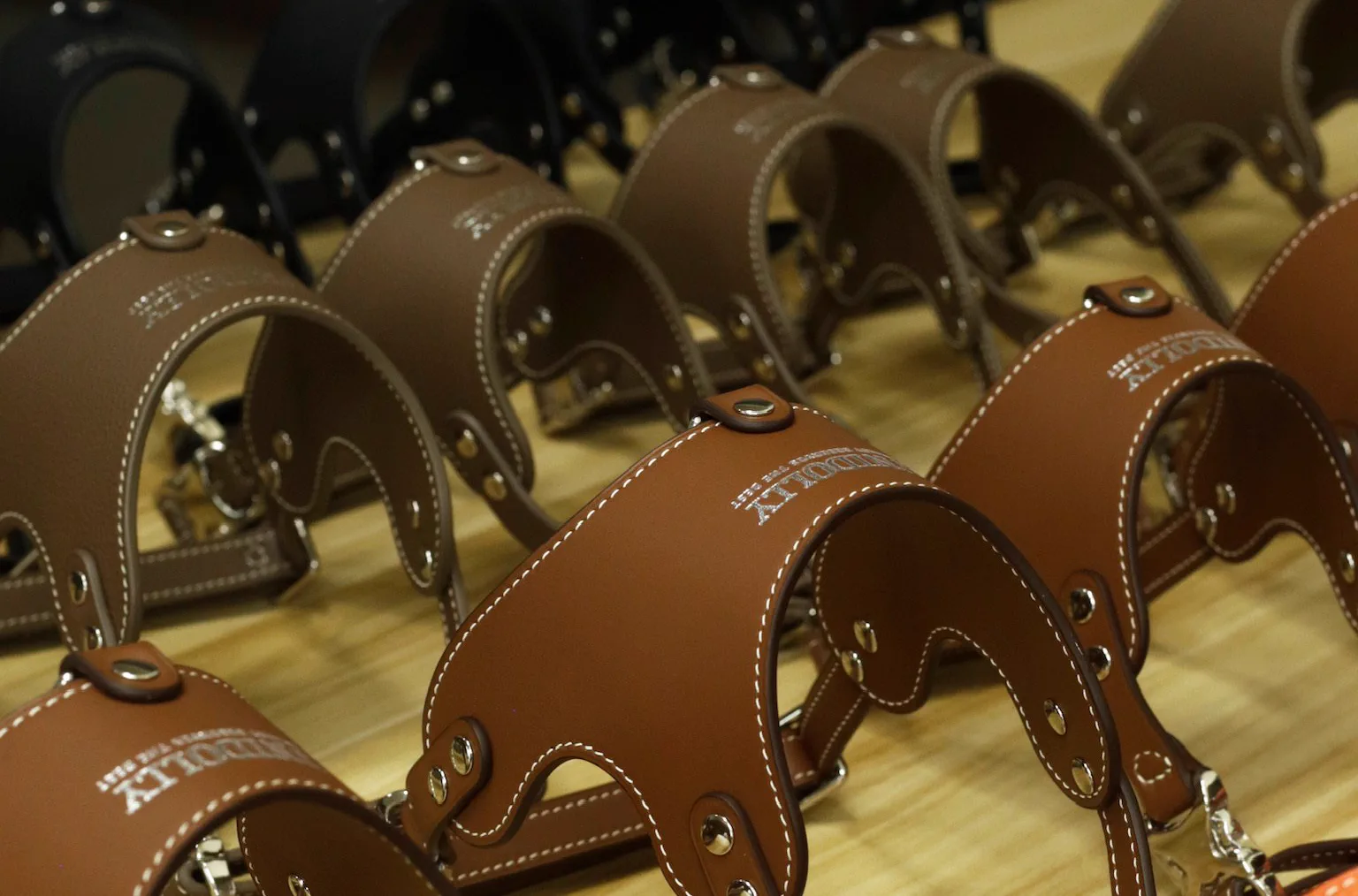 Rows of finished harnesses on the workbench
