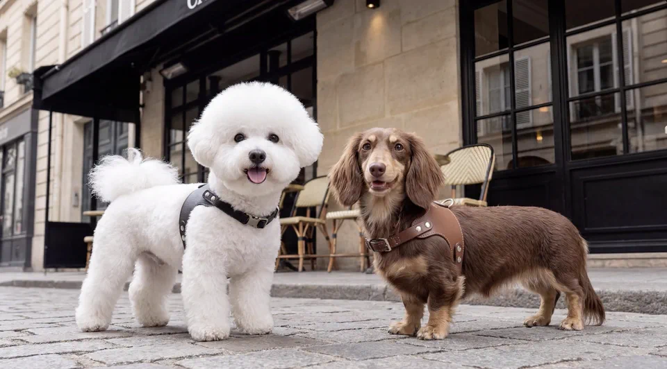 A bichon and a dachshund on a Paris pavement