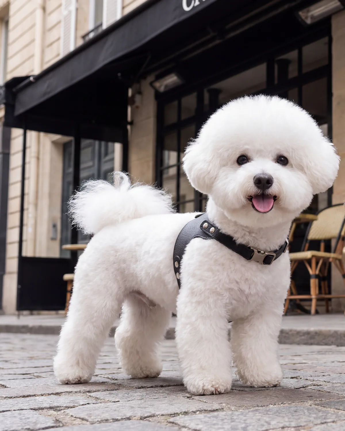 A bichon frise in an Arc harness on a Paris pavement