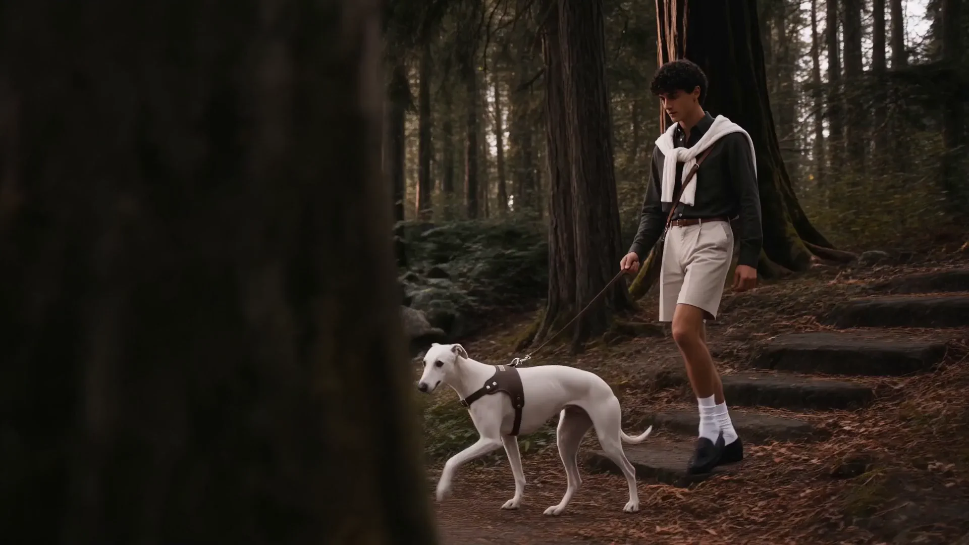 Walking a whippet in an Arc harness along a forest trail